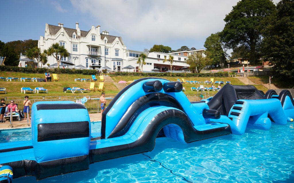 The swimming pool at Barton Hall with inflatables