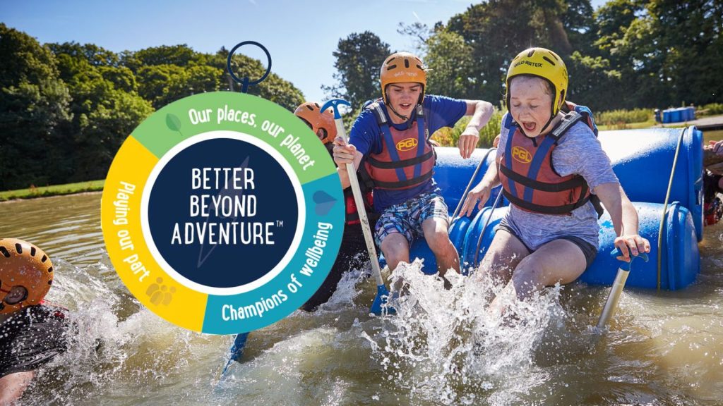 The PGL Better Beyond Adventure logo, with children falling off a raft in the background