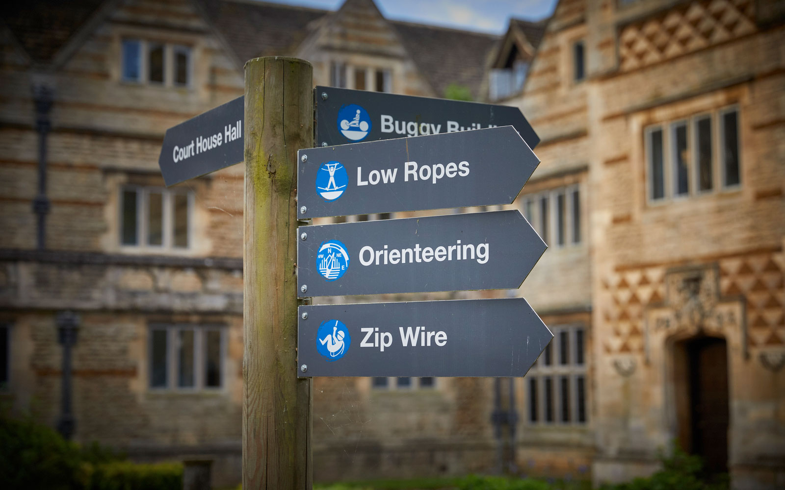 A directional sign pointing to low ropes, orienteering, zip wire and buggy building